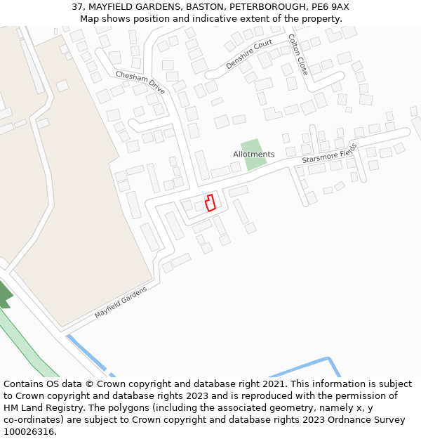 37, MAYFIELD GARDENS, BASTON, PETERBOROUGH, PE6 9AX: Location map and indicative extent of plot