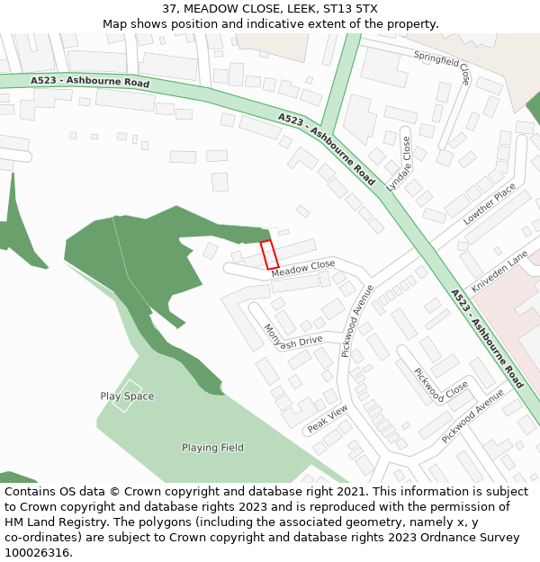 37, MEADOW CLOSE, LEEK, ST13 5TX: Location map and indicative extent of plot