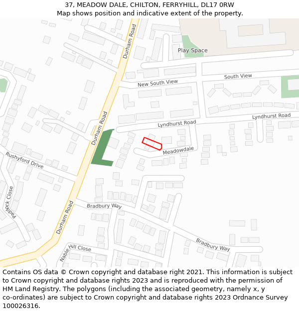 37, MEADOW DALE, CHILTON, FERRYHILL, DL17 0RW: Location map and indicative extent of plot