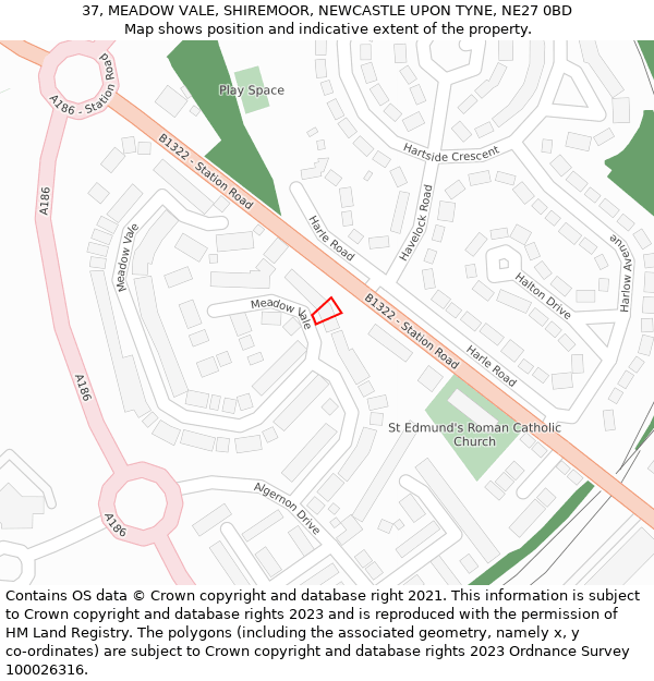 37, MEADOW VALE, SHIREMOOR, NEWCASTLE UPON TYNE, NE27 0BD: Location map and indicative extent of plot