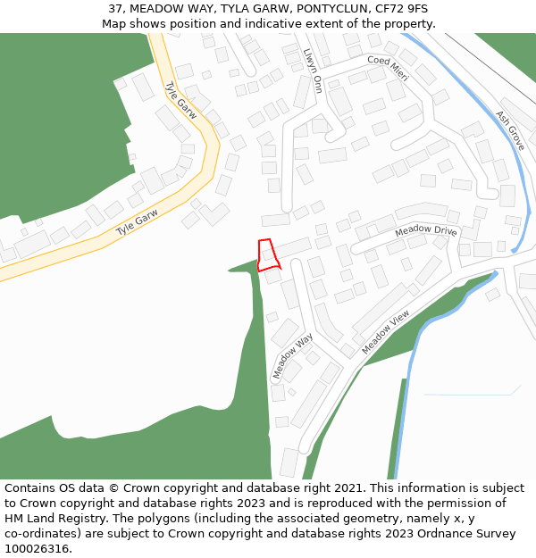 37, MEADOW WAY, TYLA GARW, PONTYCLUN, CF72 9FS: Location map and indicative extent of plot