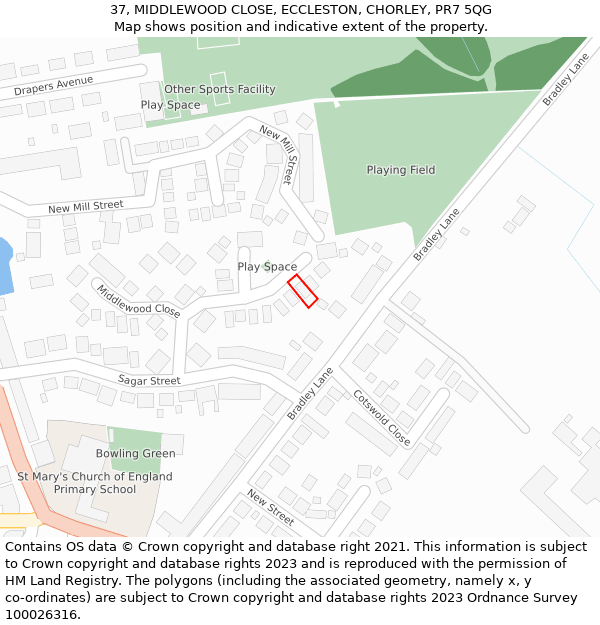 37, MIDDLEWOOD CLOSE, ECCLESTON, CHORLEY, PR7 5QG: Location map and indicative extent of plot