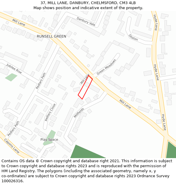 37, MILL LANE, DANBURY, CHELMSFORD, CM3 4LB: Location map and indicative extent of plot