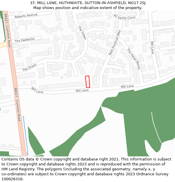 37, MILL LANE, HUTHWAITE, SUTTON-IN-ASHFIELD, NG17 2SJ: Location map and indicative extent of plot