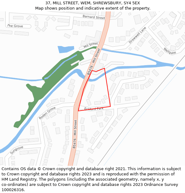 37, MILL STREET, WEM, SHREWSBURY, SY4 5EX: Location map and indicative extent of plot