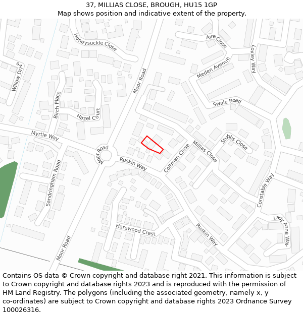 37, MILLIAS CLOSE, BROUGH, HU15 1GP: Location map and indicative extent of plot