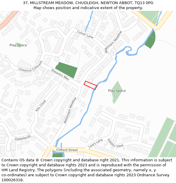 37, MILLSTREAM MEADOW, CHUDLEIGH, NEWTON ABBOT, TQ13 0PG: Location map and indicative extent of plot