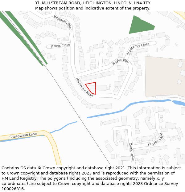 37, MILLSTREAM ROAD, HEIGHINGTON, LINCOLN, LN4 1TY: Location map and indicative extent of plot