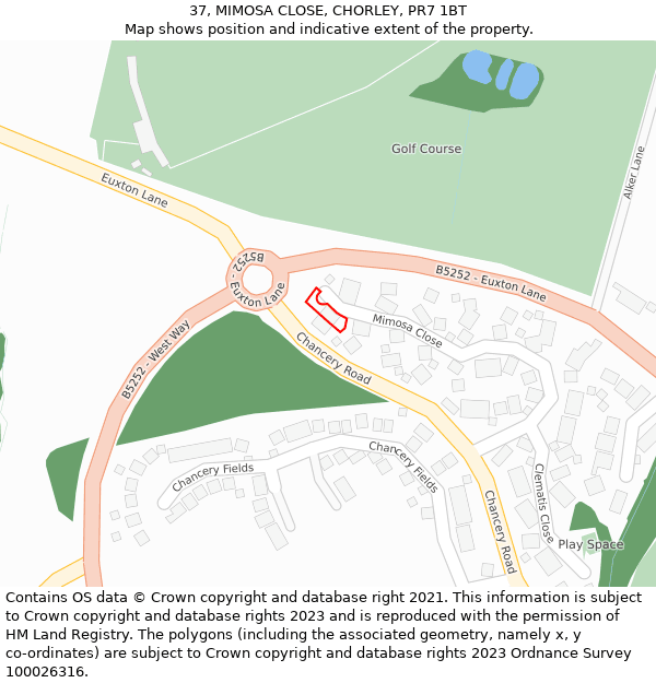 37, MIMOSA CLOSE, CHORLEY, PR7 1BT: Location map and indicative extent of plot