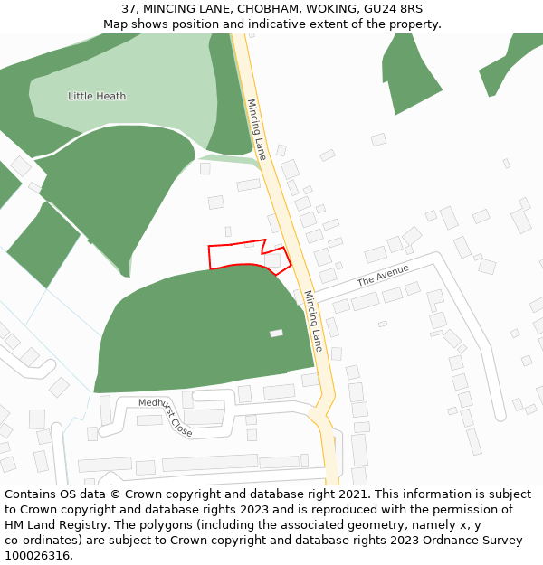 37, MINCING LANE, CHOBHAM, WOKING, GU24 8RS: Location map and indicative extent of plot