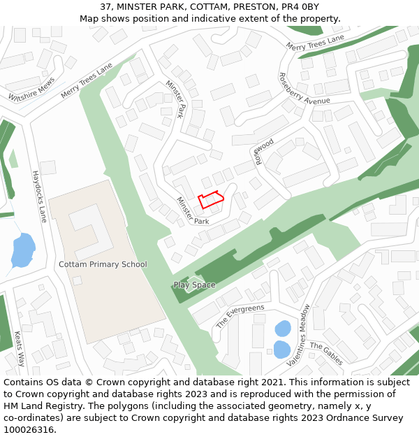 37, MINSTER PARK, COTTAM, PRESTON, PR4 0BY: Location map and indicative extent of plot