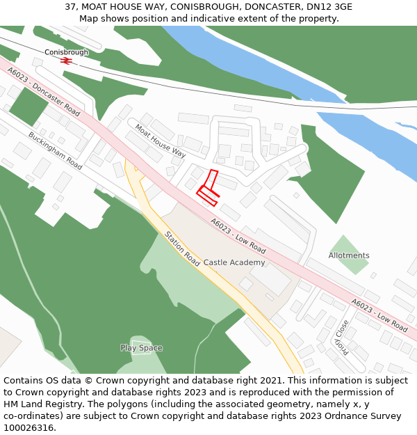 37, MOAT HOUSE WAY, CONISBROUGH, DONCASTER, DN12 3GE: Location map and indicative extent of plot