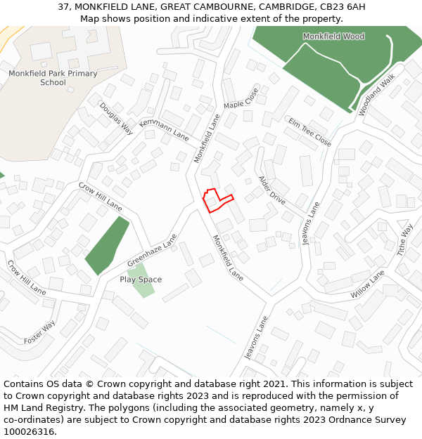 37, MONKFIELD LANE, GREAT CAMBOURNE, CAMBRIDGE, CB23 6AH: Location map and indicative extent of plot