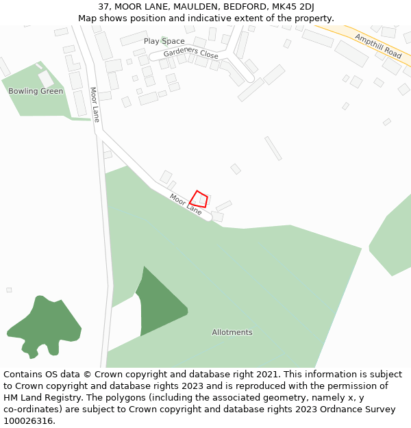 37, MOOR LANE, MAULDEN, BEDFORD, MK45 2DJ: Location map and indicative extent of plot