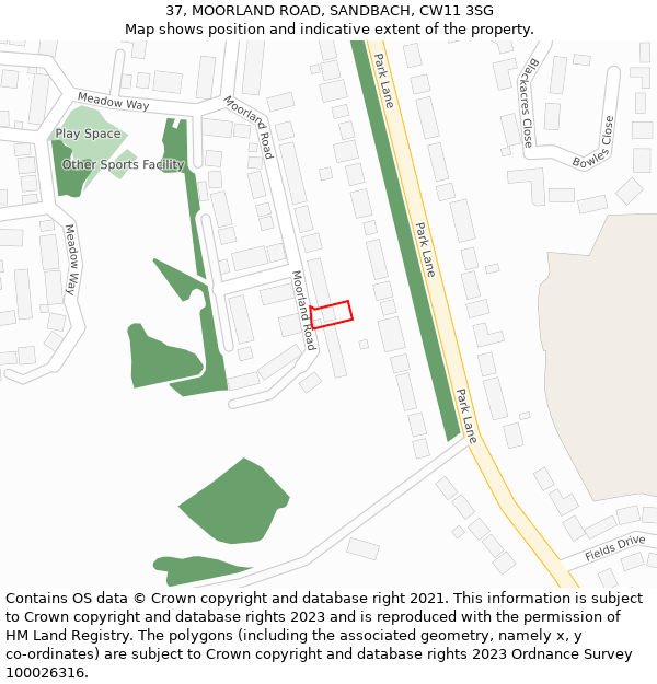 37, MOORLAND ROAD, SANDBACH, CW11 3SG: Location map and indicative extent of plot