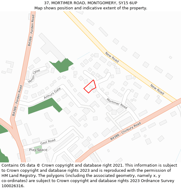 37, MORTIMER ROAD, MONTGOMERY, SY15 6UP: Location map and indicative extent of plot