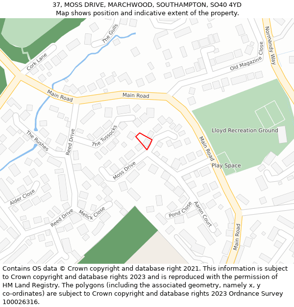 37, MOSS DRIVE, MARCHWOOD, SOUTHAMPTON, SO40 4YD: Location map and indicative extent of plot