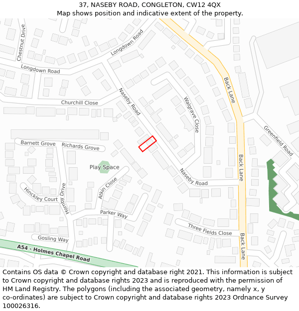 37, NASEBY ROAD, CONGLETON, CW12 4QX: Location map and indicative extent of plot