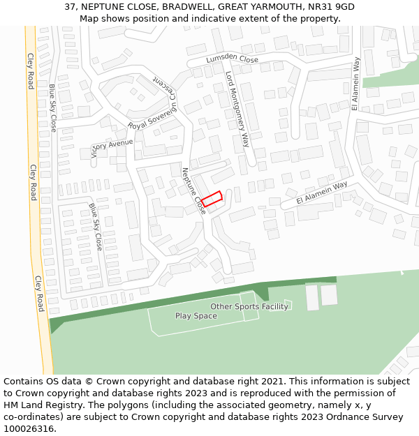 37, NEPTUNE CLOSE, BRADWELL, GREAT YARMOUTH, NR31 9GD: Location map and indicative extent of plot