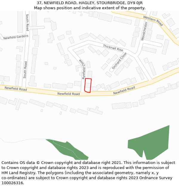37, NEWFIELD ROAD, HAGLEY, STOURBRIDGE, DY9 0JR: Location map and indicative extent of plot