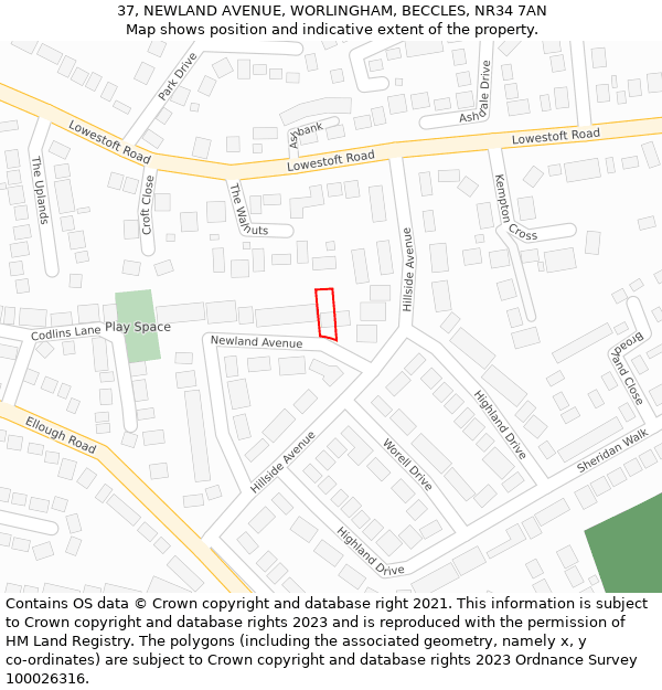 37, NEWLAND AVENUE, WORLINGHAM, BECCLES, NR34 7AN: Location map and indicative extent of plot