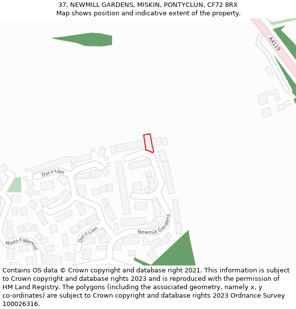 37, NEWMILL GARDENS, MISKIN, PONTYCLUN, CF72 8RX: Location map and indicative extent of plot