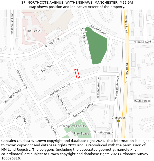 37, NORTHCOTE AVENUE, WYTHENSHAWE, MANCHESTER, M22 9AJ: Location map and indicative extent of plot