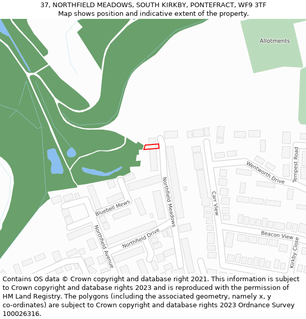 37, NORTHFIELD MEADOWS, SOUTH KIRKBY, PONTEFRACT, WF9 3TF: Location map and indicative extent of plot