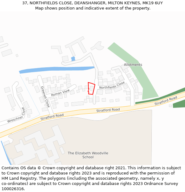 37, NORTHFIELDS CLOSE, DEANSHANGER, MILTON KEYNES, MK19 6UY: Location map and indicative extent of plot