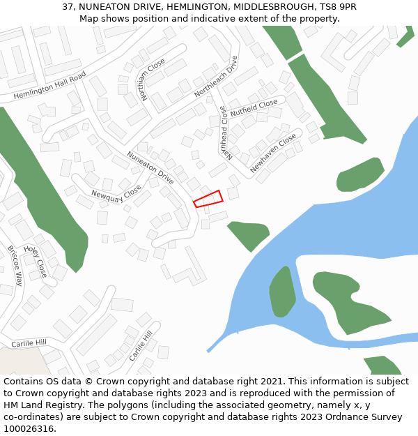 37, NUNEATON DRIVE, HEMLINGTON, MIDDLESBROUGH, TS8 9PR: Location map and indicative extent of plot