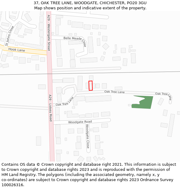 37, OAK TREE LANE, WOODGATE, CHICHESTER, PO20 3GU: Location map and indicative extent of plot