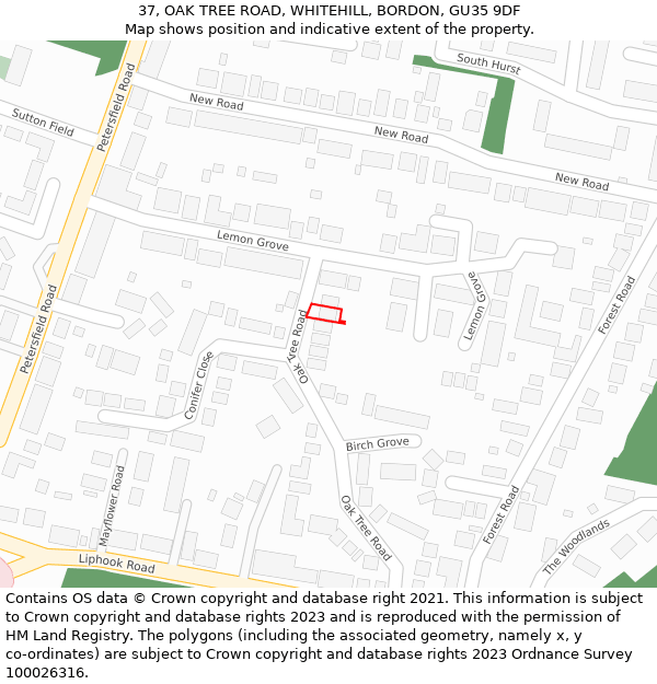 37, OAK TREE ROAD, WHITEHILL, BORDON, GU35 9DF: Location map and indicative extent of plot