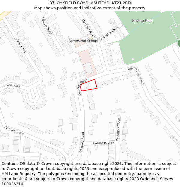 37, OAKFIELD ROAD, ASHTEAD, KT21 2RD: Location map and indicative extent of plot