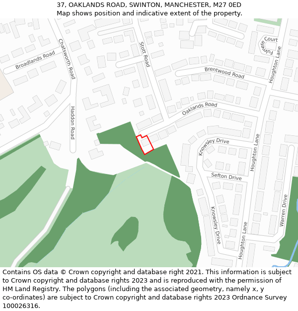 37, OAKLANDS ROAD, SWINTON, MANCHESTER, M27 0ED: Location map and indicative extent of plot