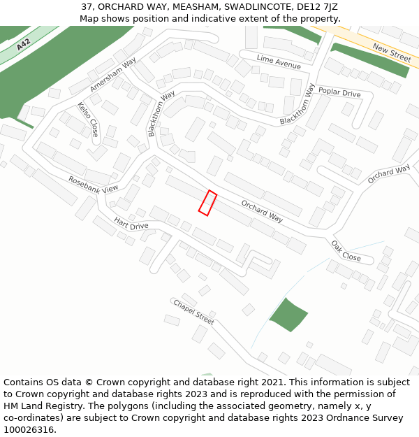 37, ORCHARD WAY, MEASHAM, SWADLINCOTE, DE12 7JZ: Location map and indicative extent of plot