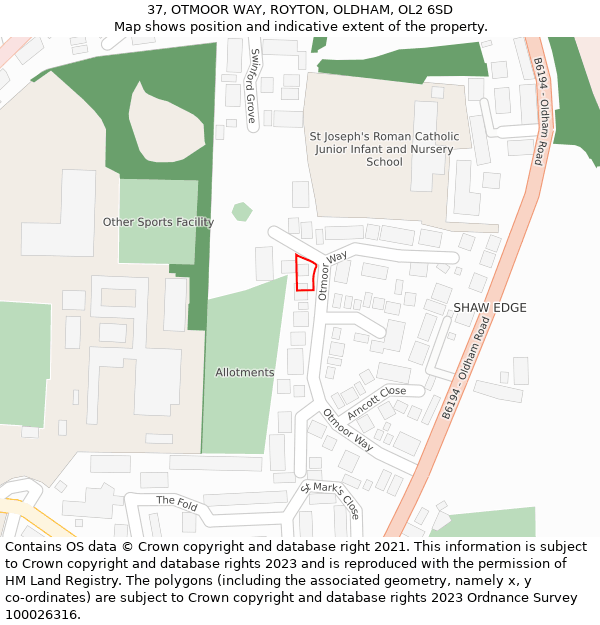 37, OTMOOR WAY, ROYTON, OLDHAM, OL2 6SD: Location map and indicative extent of plot