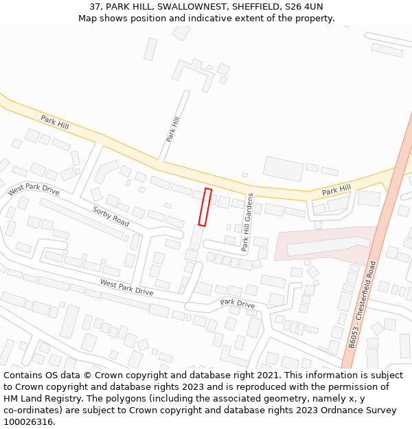 37, PARK HILL, SWALLOWNEST, SHEFFIELD, S26 4UN: Location map and indicative extent of plot