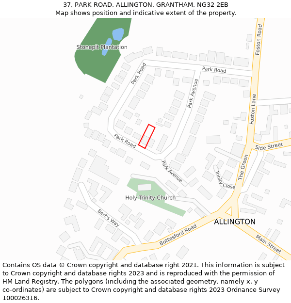37, PARK ROAD, ALLINGTON, GRANTHAM, NG32 2EB: Location map and indicative extent of plot