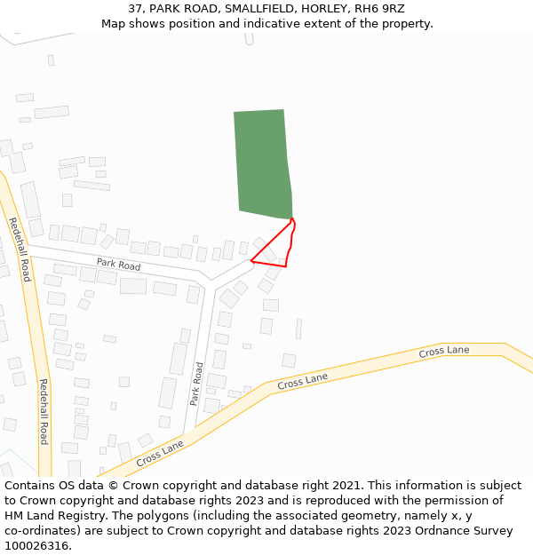 37, PARK ROAD, SMALLFIELD, HORLEY, RH6 9RZ: Location map and indicative extent of plot