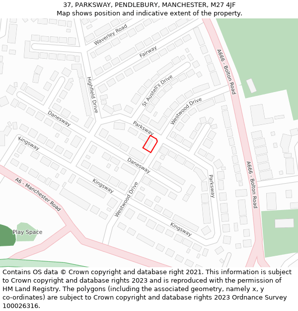 37, PARKSWAY, PENDLEBURY, MANCHESTER, M27 4JF: Location map and indicative extent of plot