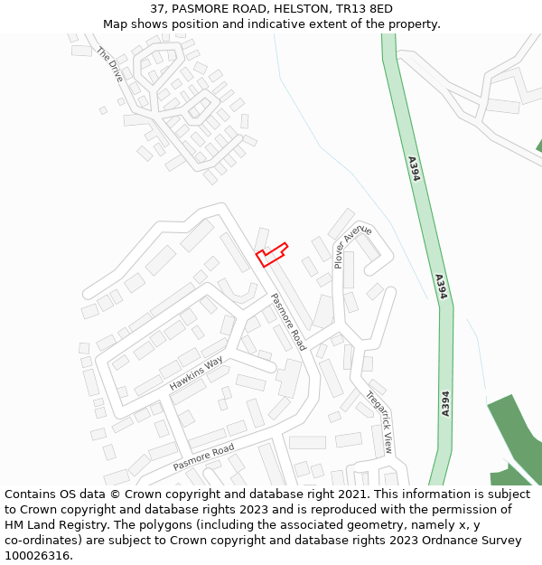 37, PASMORE ROAD, HELSTON, TR13 8ED: Location map and indicative extent of plot