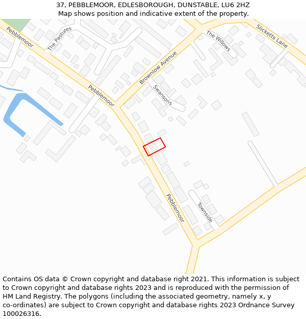 37, PEBBLEMOOR, EDLESBOROUGH, DUNSTABLE, LU6 2HZ: Location map and indicative extent of plot