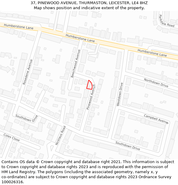 37, PINEWOOD AVENUE, THURMASTON, LEICESTER, LE4 8HZ: Location map and indicative extent of plot