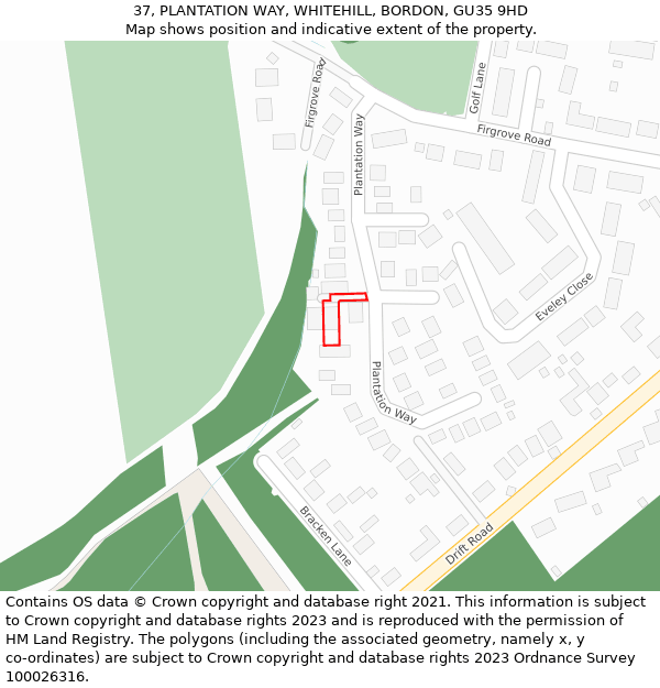 37, PLANTATION WAY, WHITEHILL, BORDON, GU35 9HD: Location map and indicative extent of plot