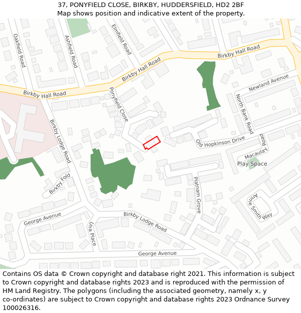 37, PONYFIELD CLOSE, BIRKBY, HUDDERSFIELD, HD2 2BF: Location map and indicative extent of plot