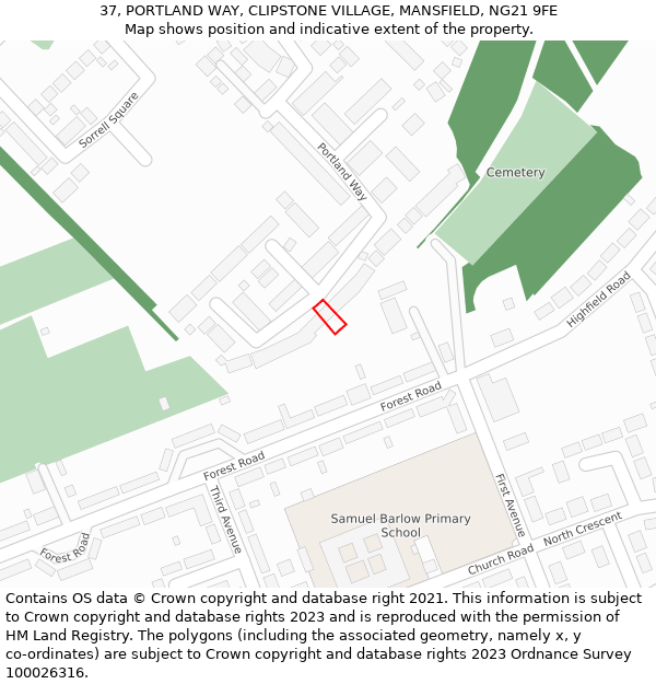 37, PORTLAND WAY, CLIPSTONE VILLAGE, MANSFIELD, NG21 9FE: Location map and indicative extent of plot