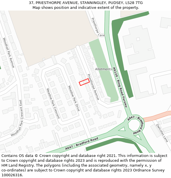 37, PRIESTHORPE AVENUE, STANNINGLEY, PUDSEY, LS28 7TG: Location map and indicative extent of plot