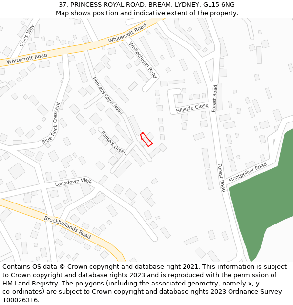 37, PRINCESS ROYAL ROAD, BREAM, LYDNEY, GL15 6NG: Location map and indicative extent of plot