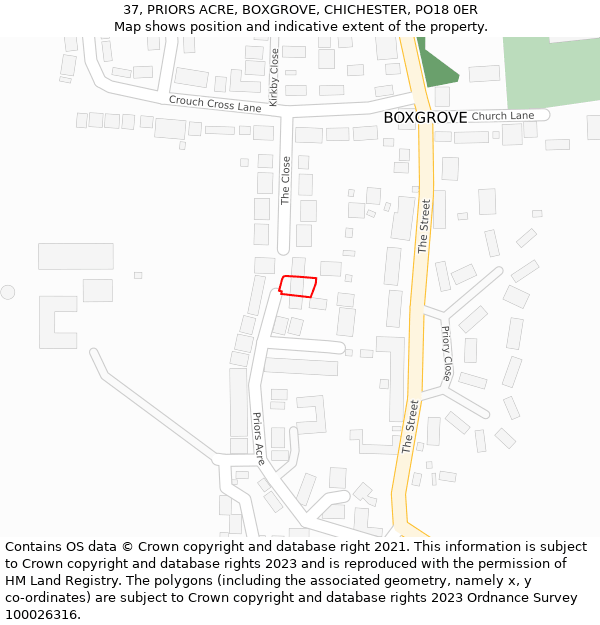 37, PRIORS ACRE, BOXGROVE, CHICHESTER, PO18 0ER: Location map and indicative extent of plot