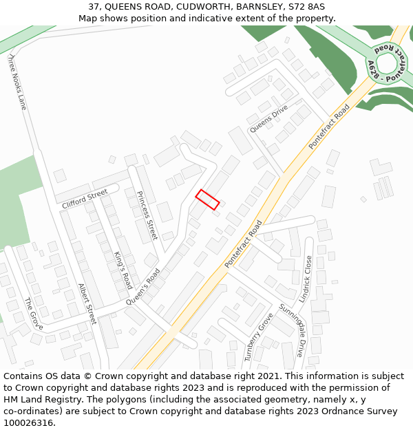 37, QUEENS ROAD, CUDWORTH, BARNSLEY, S72 8AS: Location map and indicative extent of plot